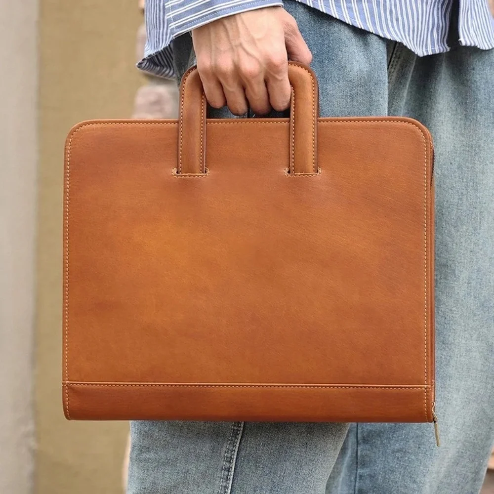 Handmade Brown Leather Portfolio/Document Binder Textured Leather Top Handle Bag
